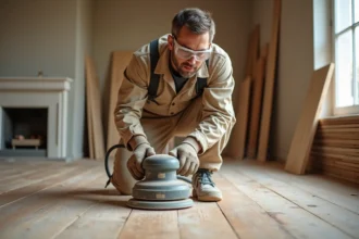 Artisan en train de sabler un parquet en bois avec une ponceuse professionnelle lors de travaux de rénovation intérieure