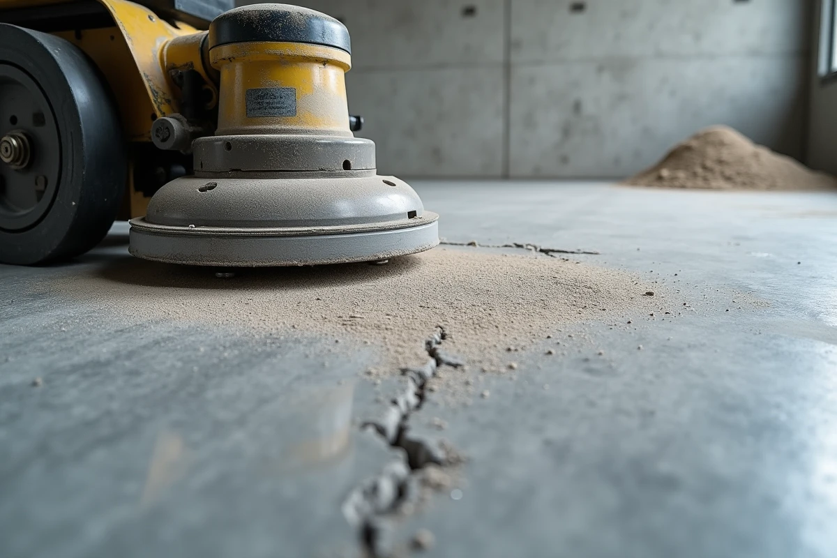 Gros plan sur un sol en béton en cours de sablage montrant la différence de texture entre la surface brute et la zone poncée