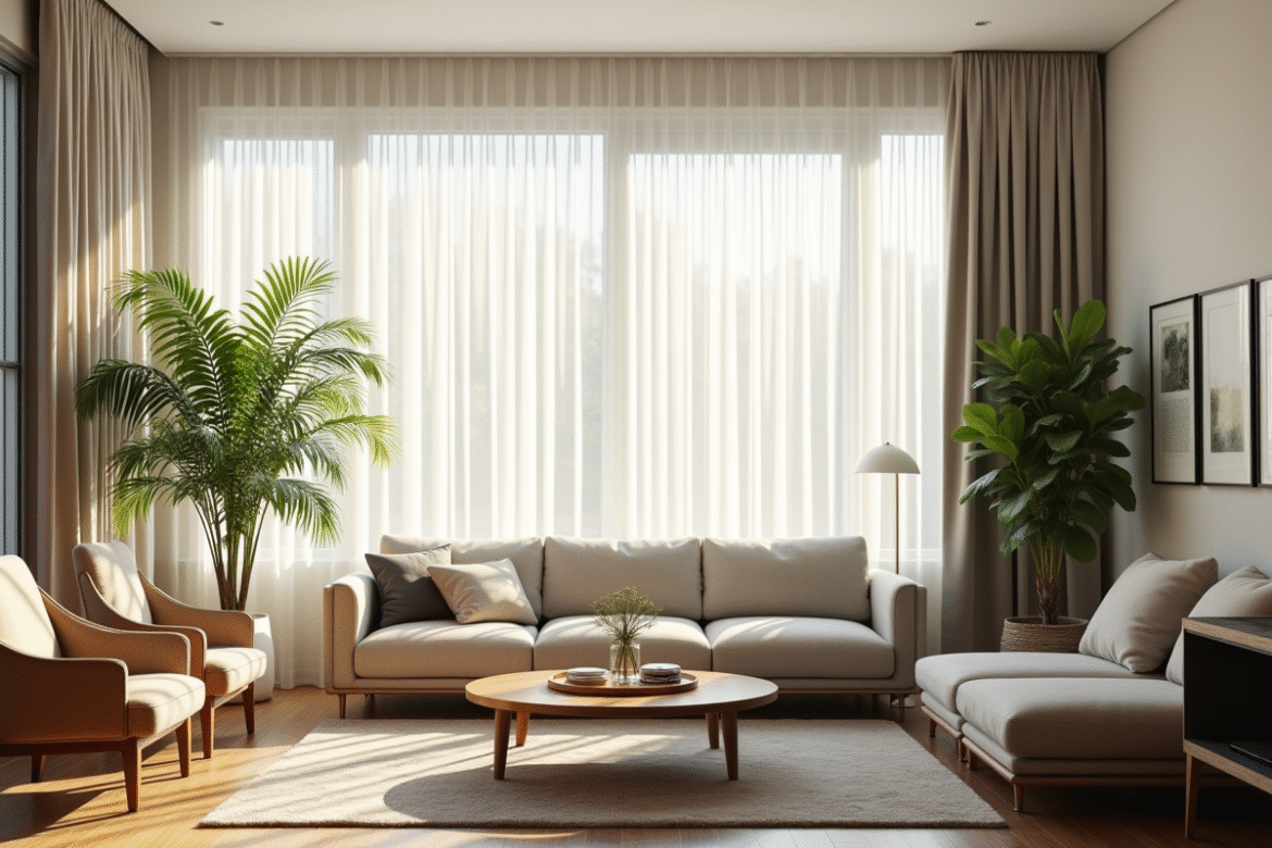 Salon moderne avec stores blancs filtrant la lumière