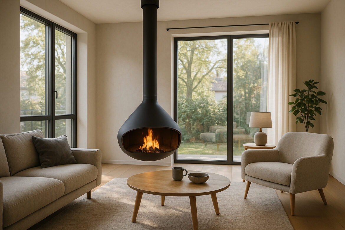 Salon moderne avec cheminée suspendue et lumière naturelle