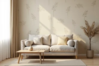 Salon élégant avec papier peint motif botanique beige sur mur d'accent, canapé en lin naturel et table basse en bois