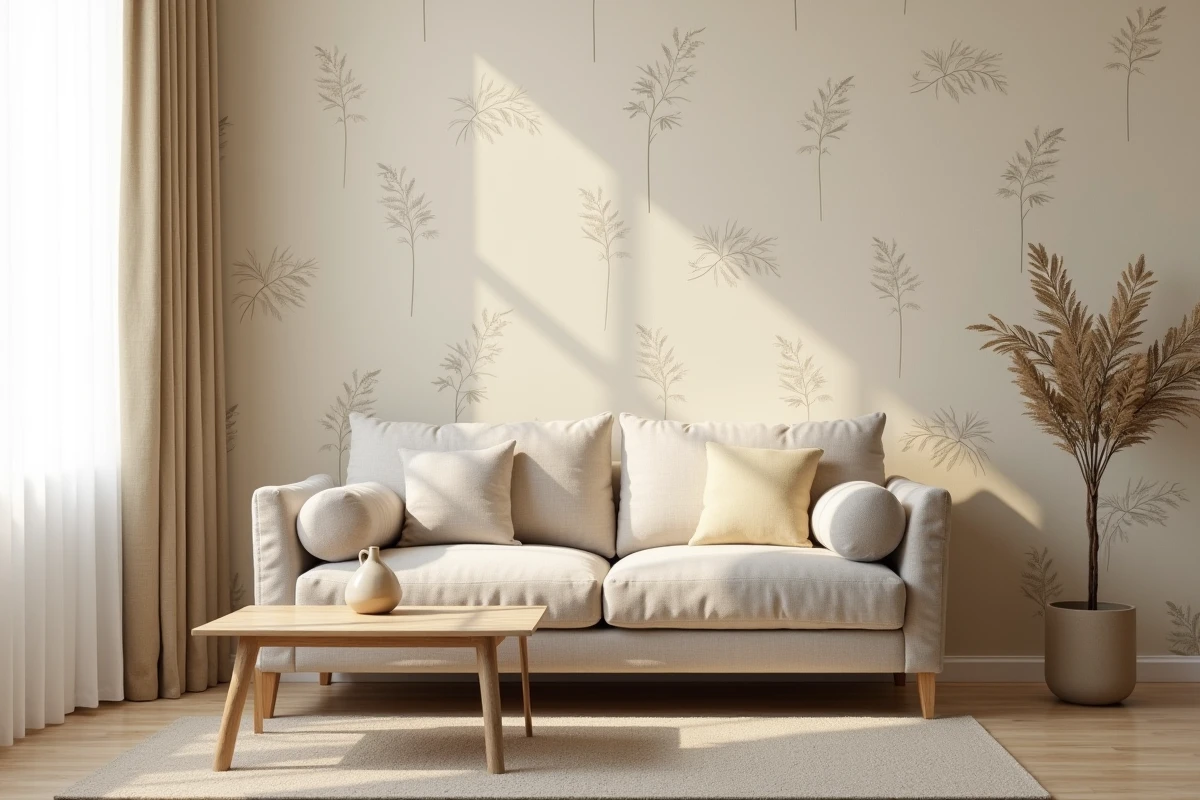 Salon élégant avec papier peint motif botanique beige sur mur d'accent, canapé en lin naturel et table basse en bois