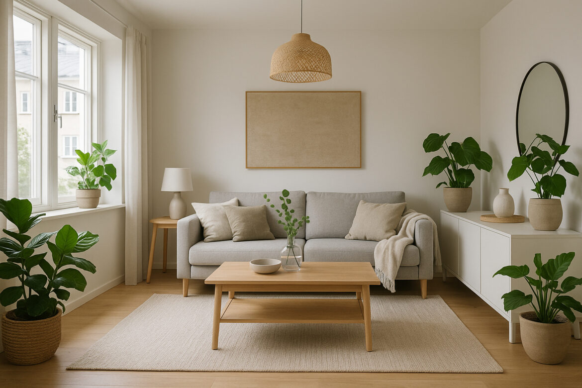 Salon scandinave moderne et cosy avec lumière naturelle