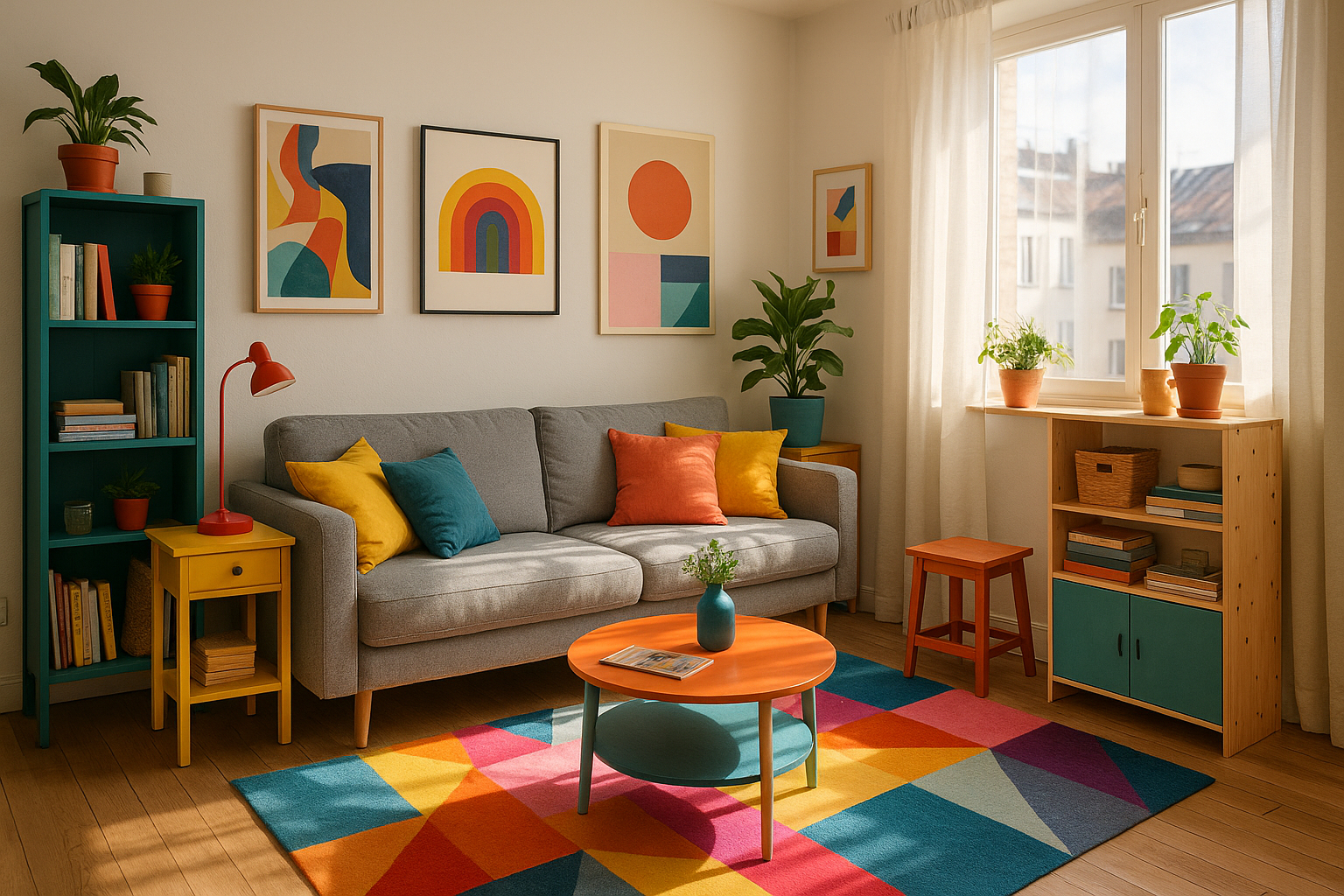Salon urbain avec accents colorés et meubles DIY