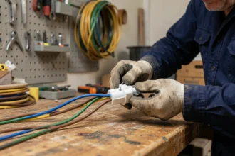 Électricien connectant des fils colorés dans une prise mâle électrique sur un établi en bois