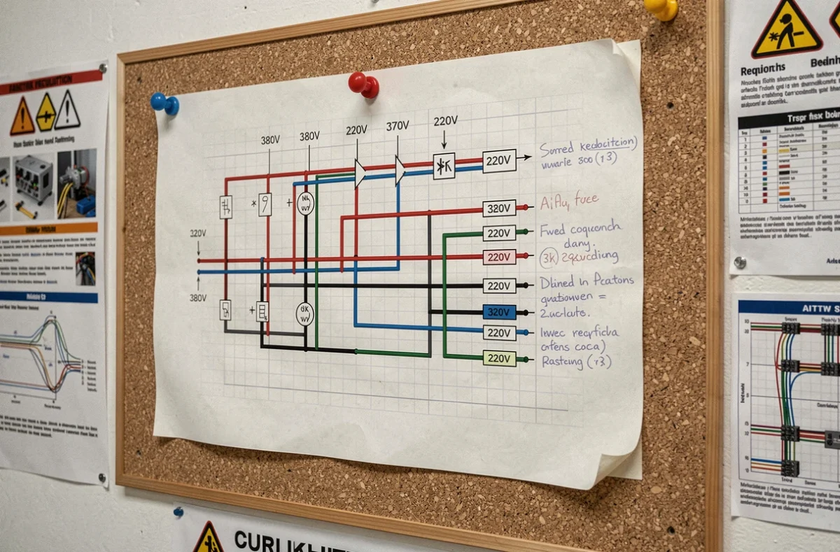 Schéma électrique détaillé de conversion 380V en 220V avec annotations manuscrites sur tableau de liège d'atelier