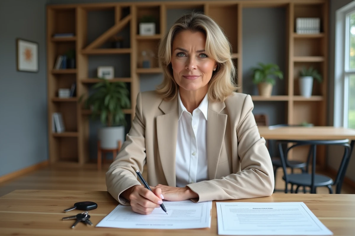 Femme copropriétaire signant un contrat d'assurance pour un box garage partagé dans son appartement