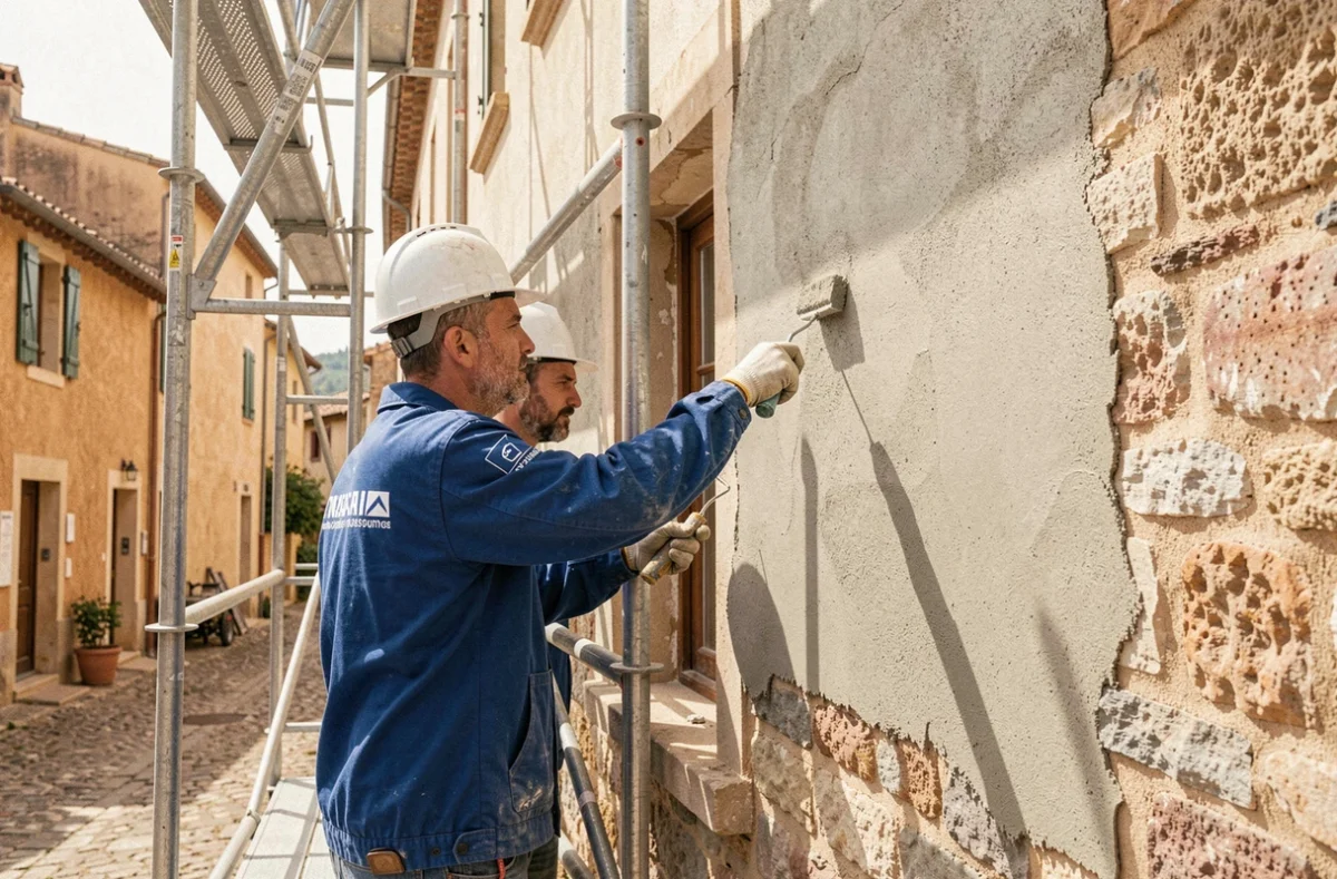 Équipe Solybat réalisant un ravalement de façade sur une maison provençale