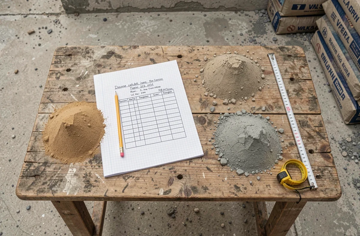 Tableau de dosage manuscrit pour chape maigre avec échantillons de sable, gravier et ciment sur chantier