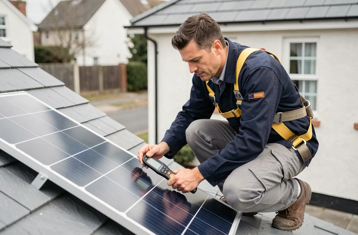 Technicien mesurant l'angle d'inclinaison d'un panneau solaire sur un toit résidentiel