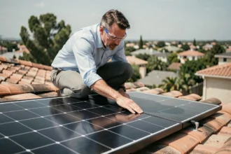 Technicien inspectant un panneau solaire photovoltaïque sur un toit de maison individuelle avant installation