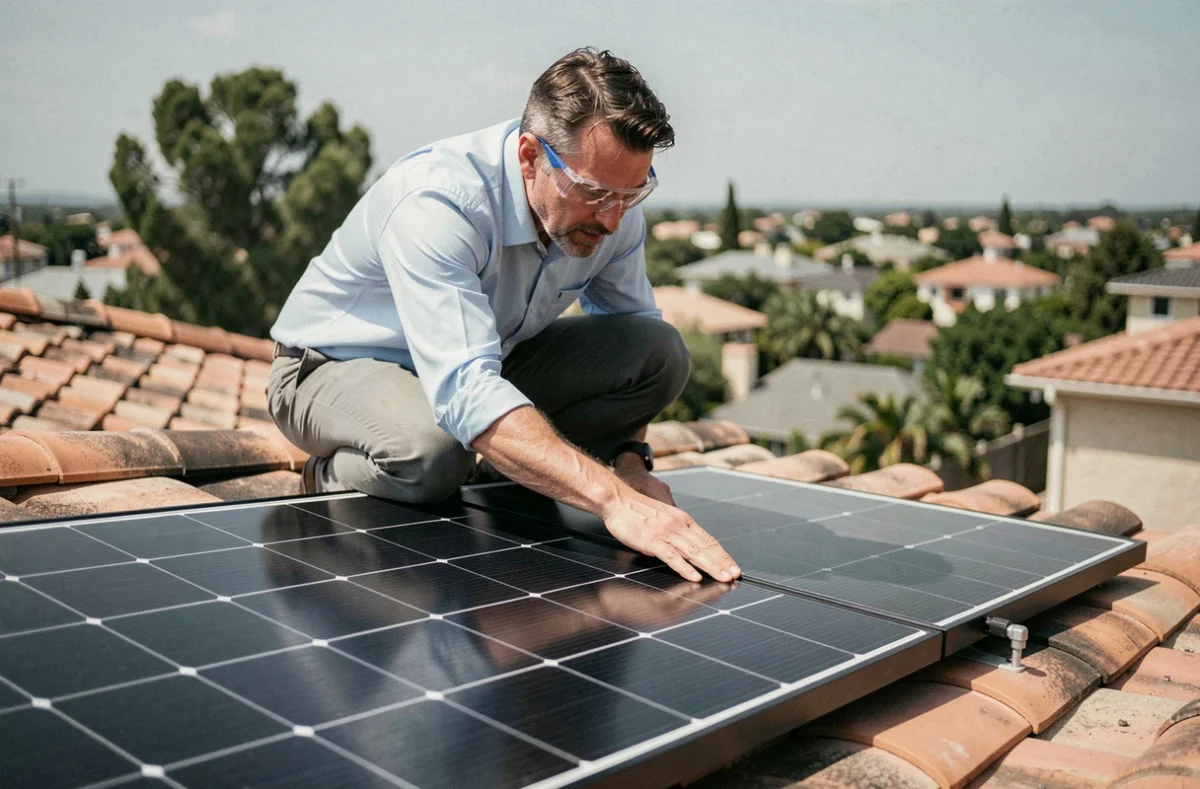 Technicien inspectant un panneau solaire photovoltaïque sur un toit de maison individuelle avant installation