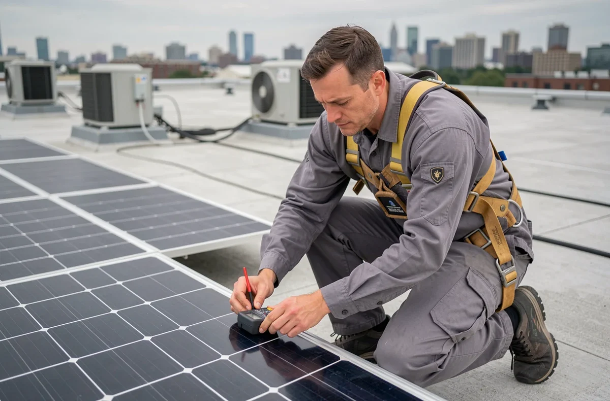 Technicien solaire inspectant des panneaux photovoltaïques sur un toit commercial avec un multimètre numérique