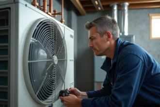 Technicien CVAC inspectant une thermopompe murale installée dans un sous-sol résidentiel à côté d'une ancienne fournaise au gaz