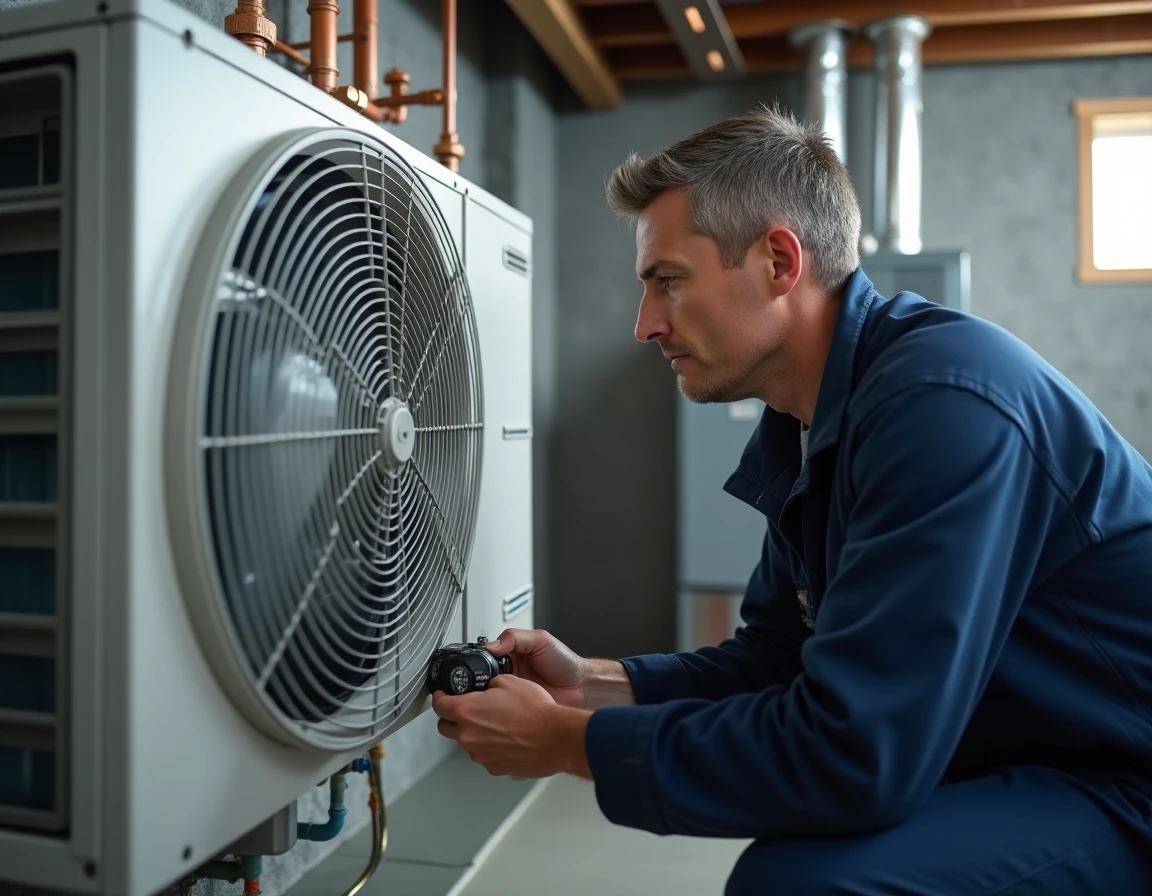 Technicien CVAC inspectant une thermopompe murale installée dans un sous-sol résidentiel à côté d'une ancienne fournaise au gaz