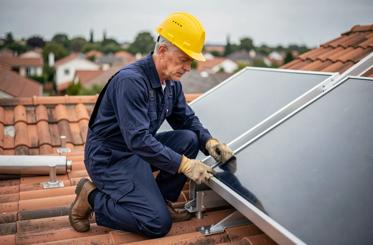 Technicien installant des panneaux solaires thermiques sur un toit de maison pour système de chauffage solaire