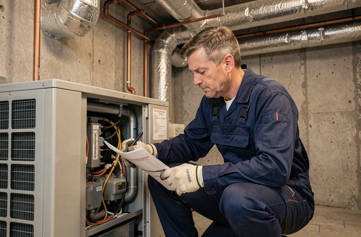Technicien installateur de pompe à chaleur examinant les composants internes d'un système thermodynamique