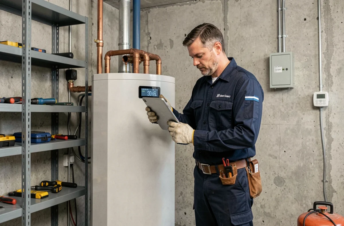 Technicien effectuant la maintenance d'une pompe à chaleur dans une chaufferie résidentielle