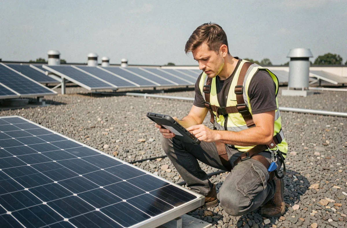 Technicien solaire inspectant un panneau photovoltaïque de 400W sur un toit plat commercial
