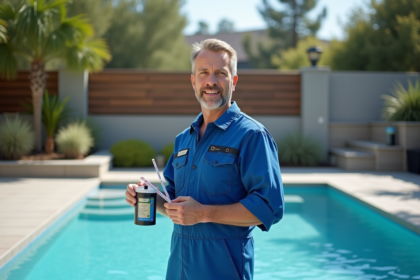 Technicien piscine en tenue bleue près d'une piscine extérieure