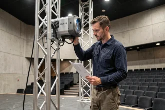 Technicien scénique inspectant un projecteur PARLED sur un pont de lumière dans une salle de concert vide