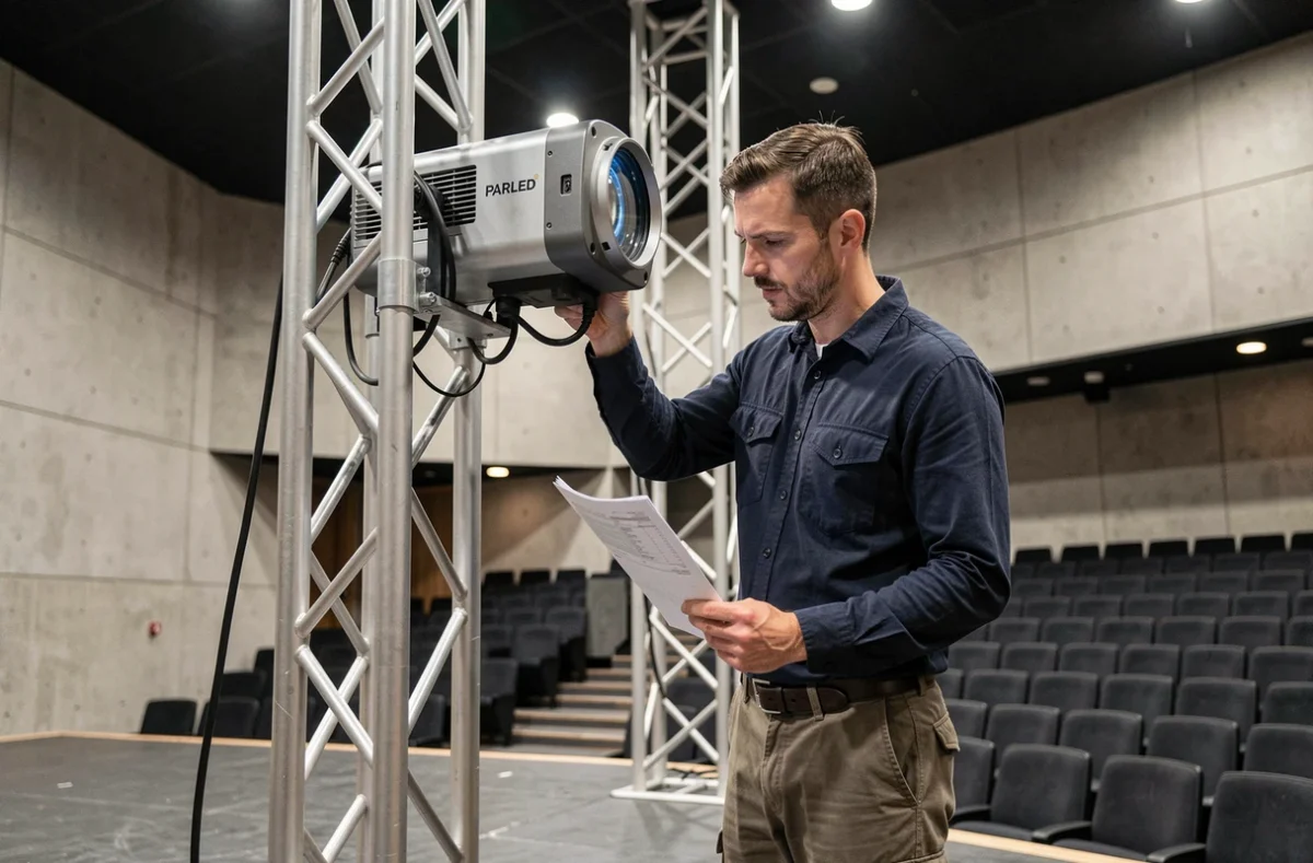 Technicien scénique inspectant un projecteur PARLED sur un pont de lumière dans une salle de concert vide