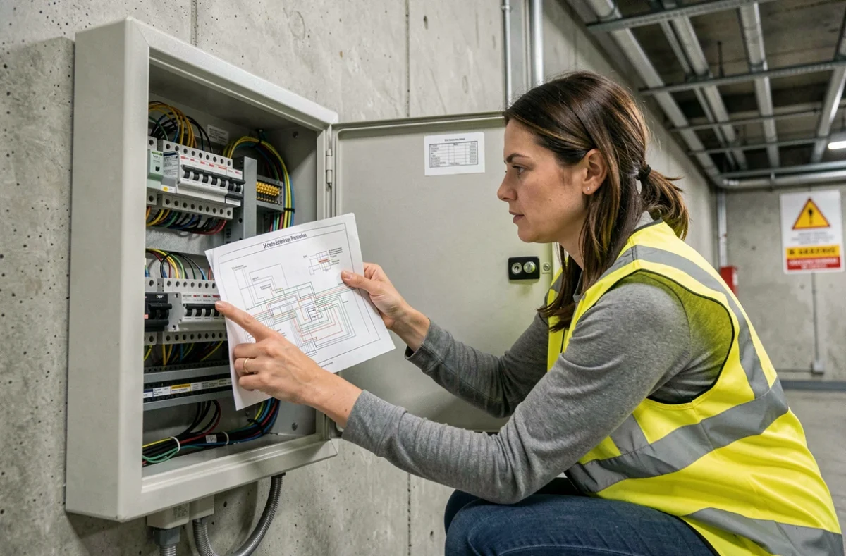 Technicienne électricienne vérifiant un tableau électrique industriel lors d'une conversion de circuit 380V en 220V