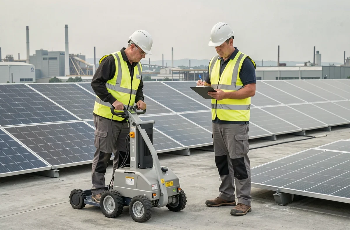 Deux techniciens professionnels nettoyant un grand parc de panneaux solaires sur un toit industriel plat