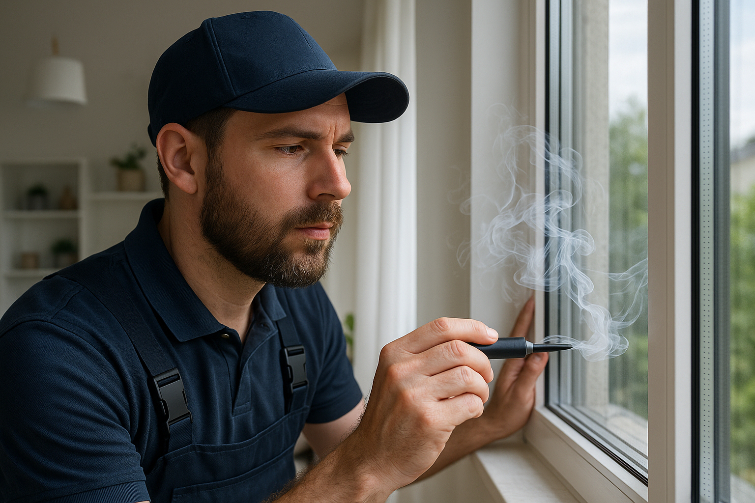 Technicien utilisant une bougie de fumée pour tester l