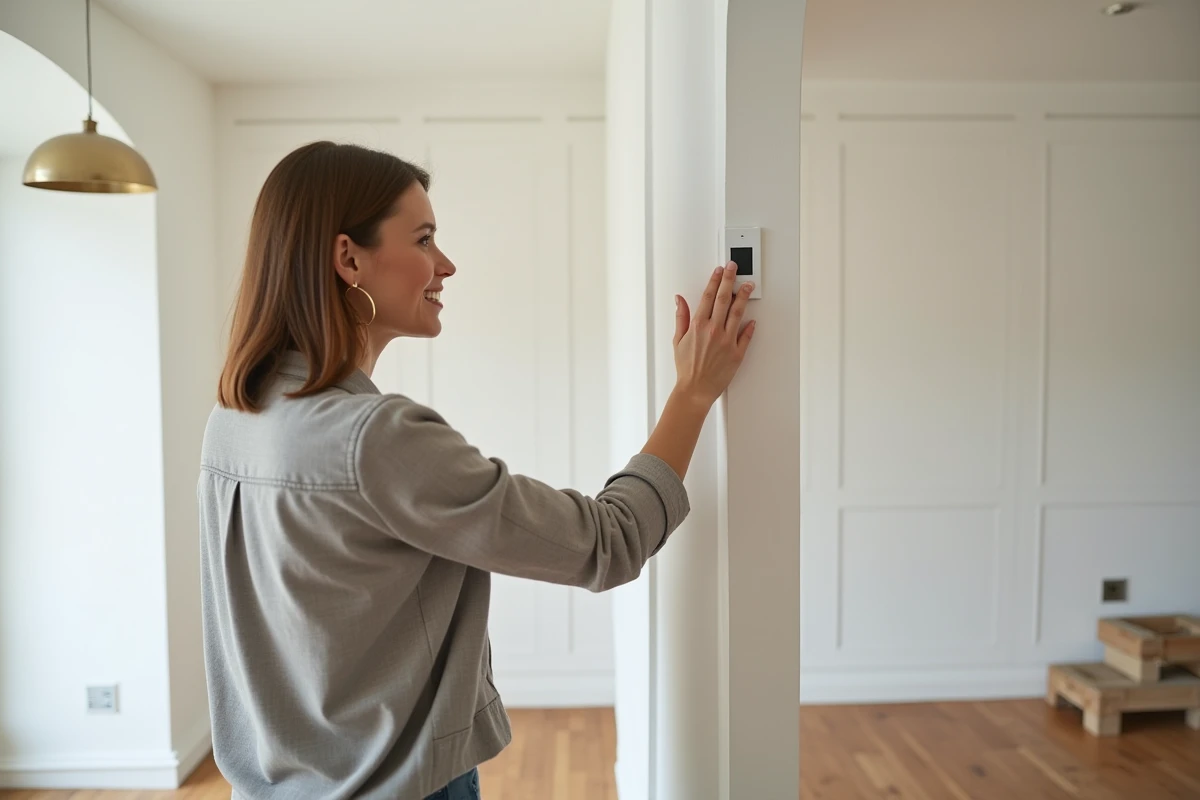 Femme testant un interrupteur va-et-vient radio Yokis dans un salon en cours de rénovation