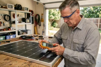 Technicien testant un panneau solaire avec un multimètre dans un garage domestique