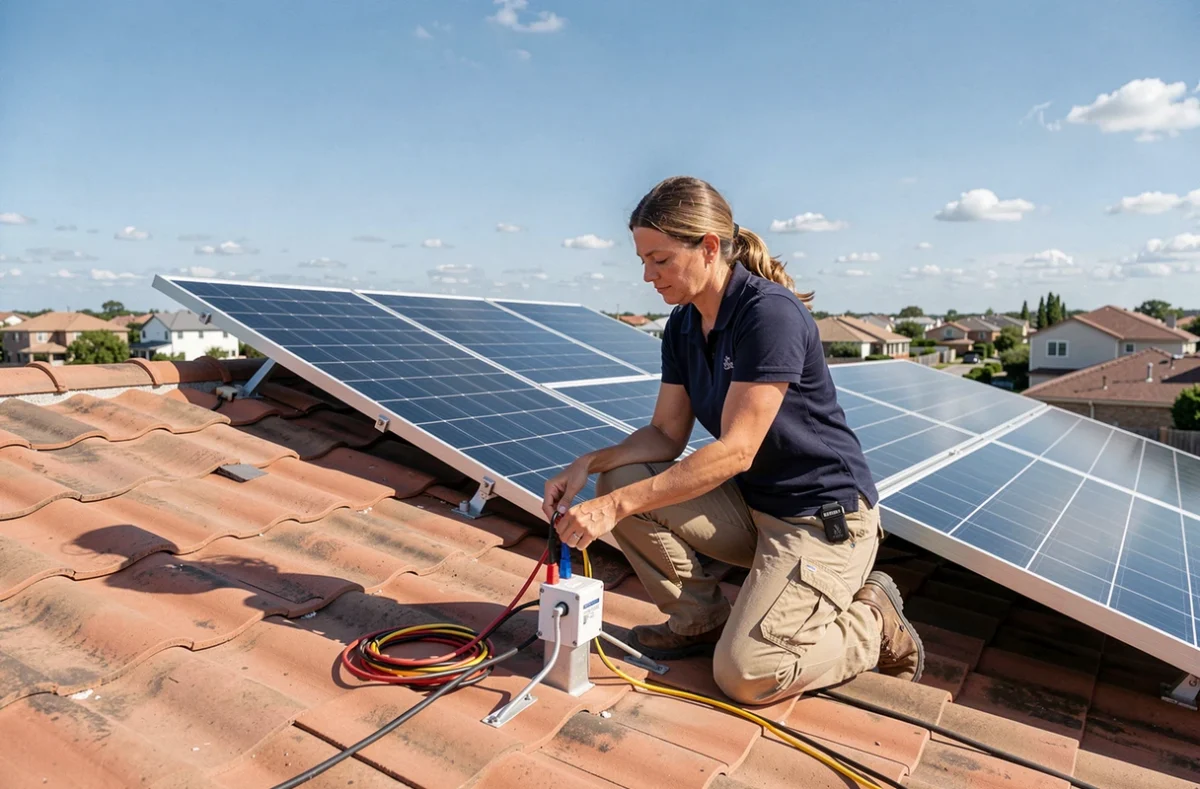 Technicienne testant des panneaux solaires installés sur un toit résidentiel en tuiles