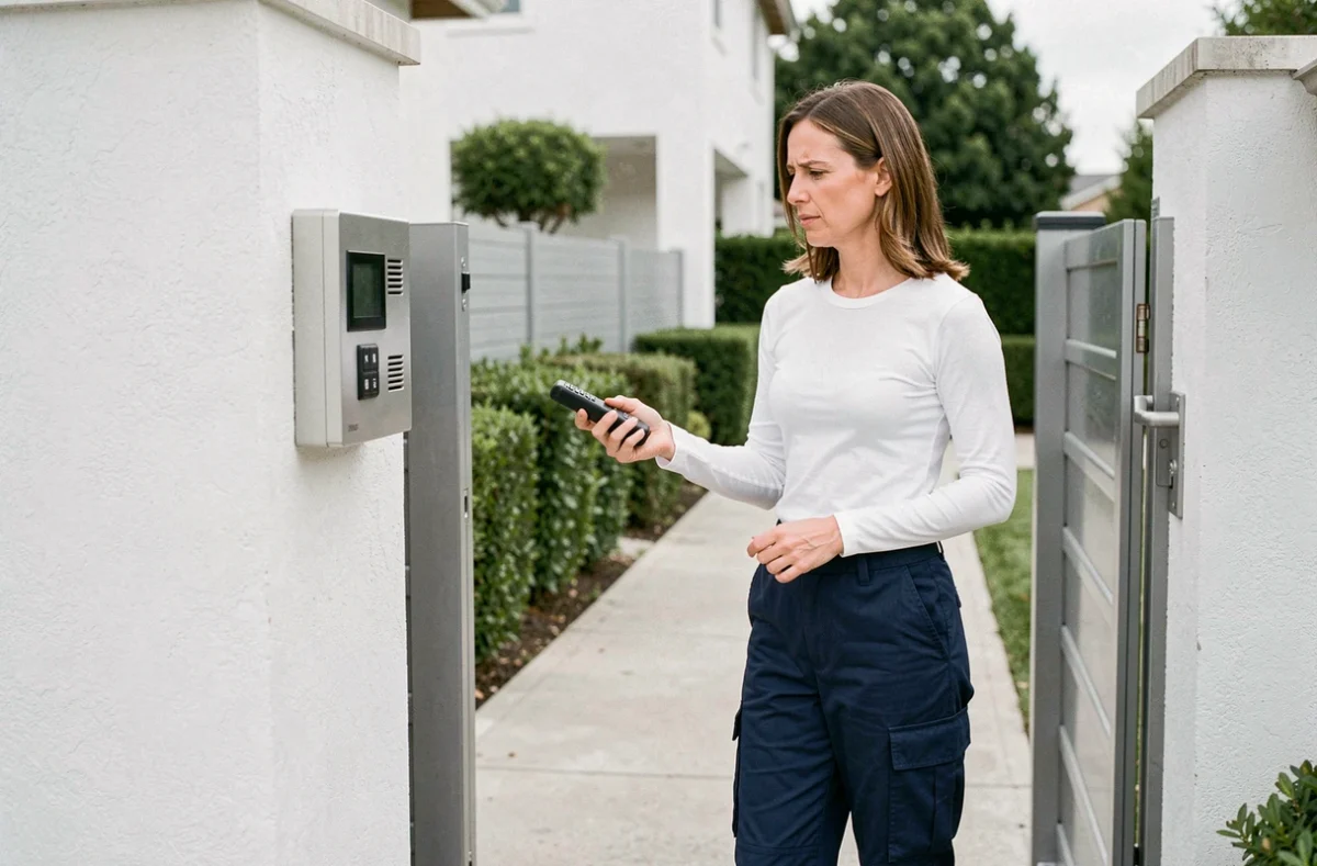 Femme testant la télécommande et le panneau de contrôle d'un portail électrique qui se rouvre après fermeture