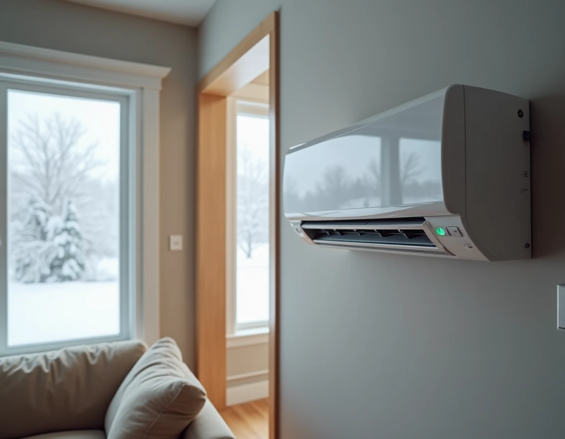 Tête intérieure d'une thermopompe IDS installée dans un salon résidentiel québécois en hiver avec fenêtres givrées en arrière-plan