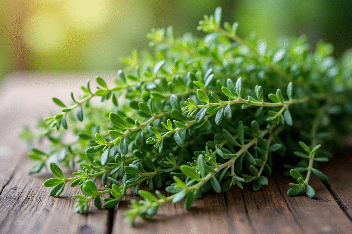 Brins de thym et fleurs de tilleul sur une table en bois