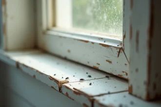 Gros plan sur des traces de pupe de mouche sur un rebord de fenêtre en bois à l'intérieur d'un logement