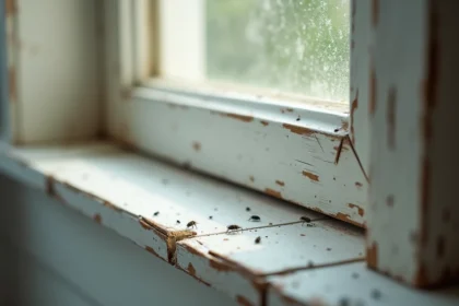 Gros plan sur des traces de pupe de mouche sur un rebord de fenêtre en bois à l'intérieur d'un logement
