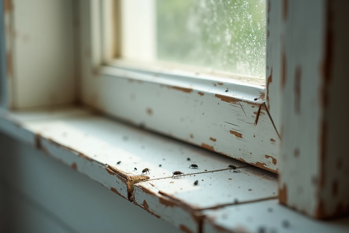 Gros plan sur des traces de pupe de mouche sur un rebord de fenêtre en bois à l'intérieur d'un logement