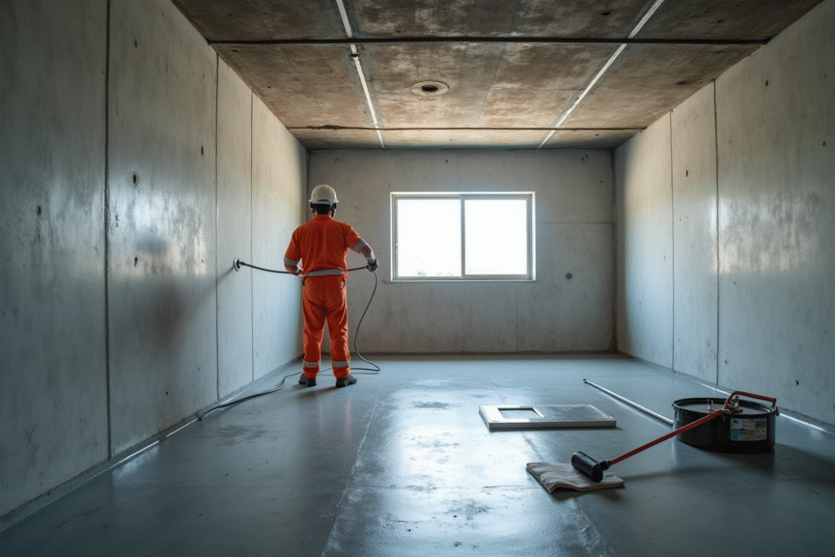 Professionnel appliquant une peinture étanche sur un mur de sous-sol moderne