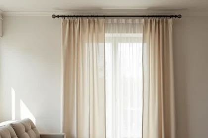 Tringle à rideau double pour grande largeur installée sans fléchissement sur fenêtre panoramique en salon Scandinave