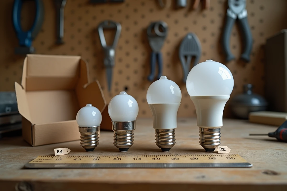 Comparaison des différentes tailles de culots d'ampoules E14 E27 GU10 et B22 sur un établi