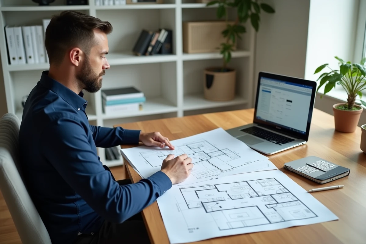 Homme comparant des plans architecturaux et un ordinateur portable pour valider un projet de construction de maison