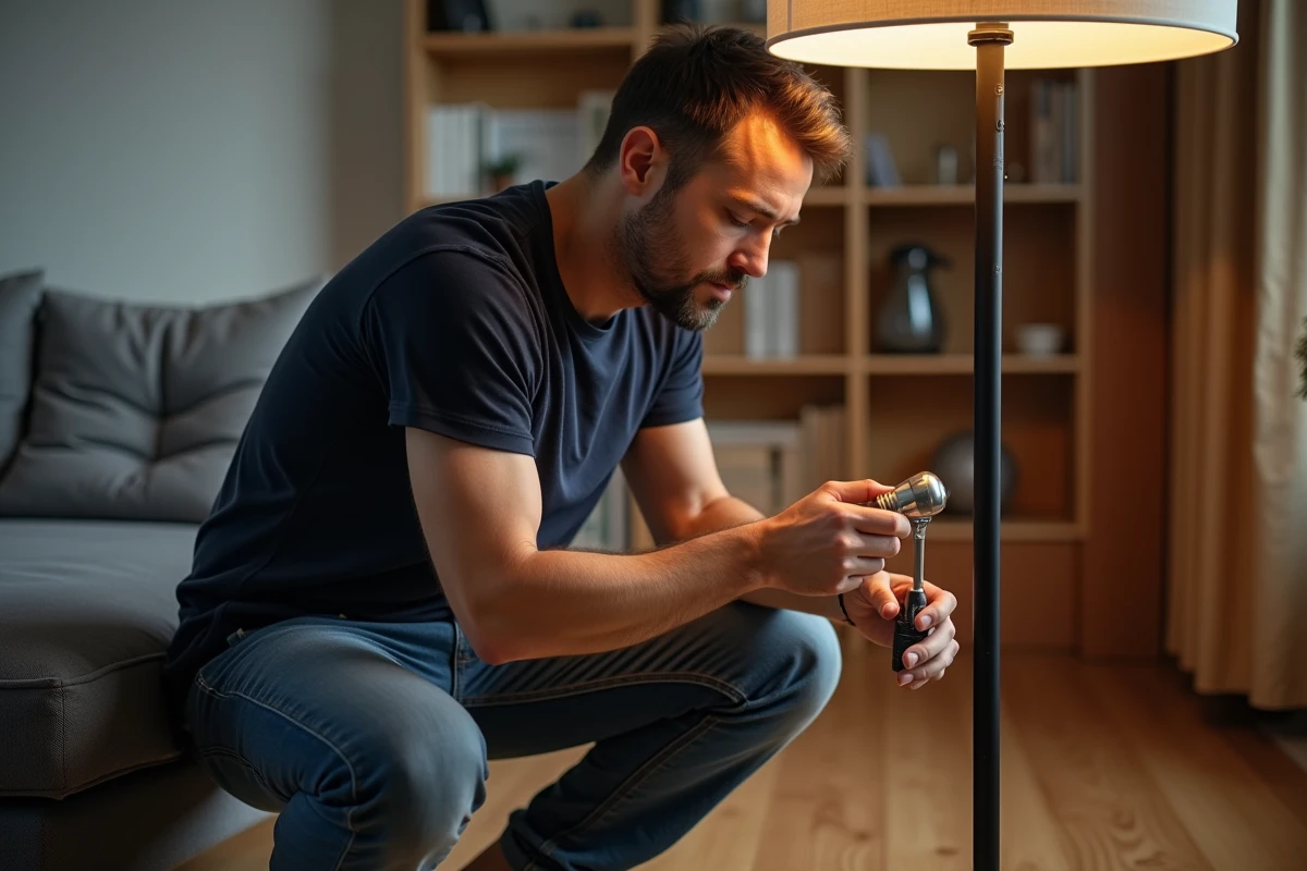 Homme inspectant le culot d'un lampadaire pour vérifier la taille d'ampoule compatible