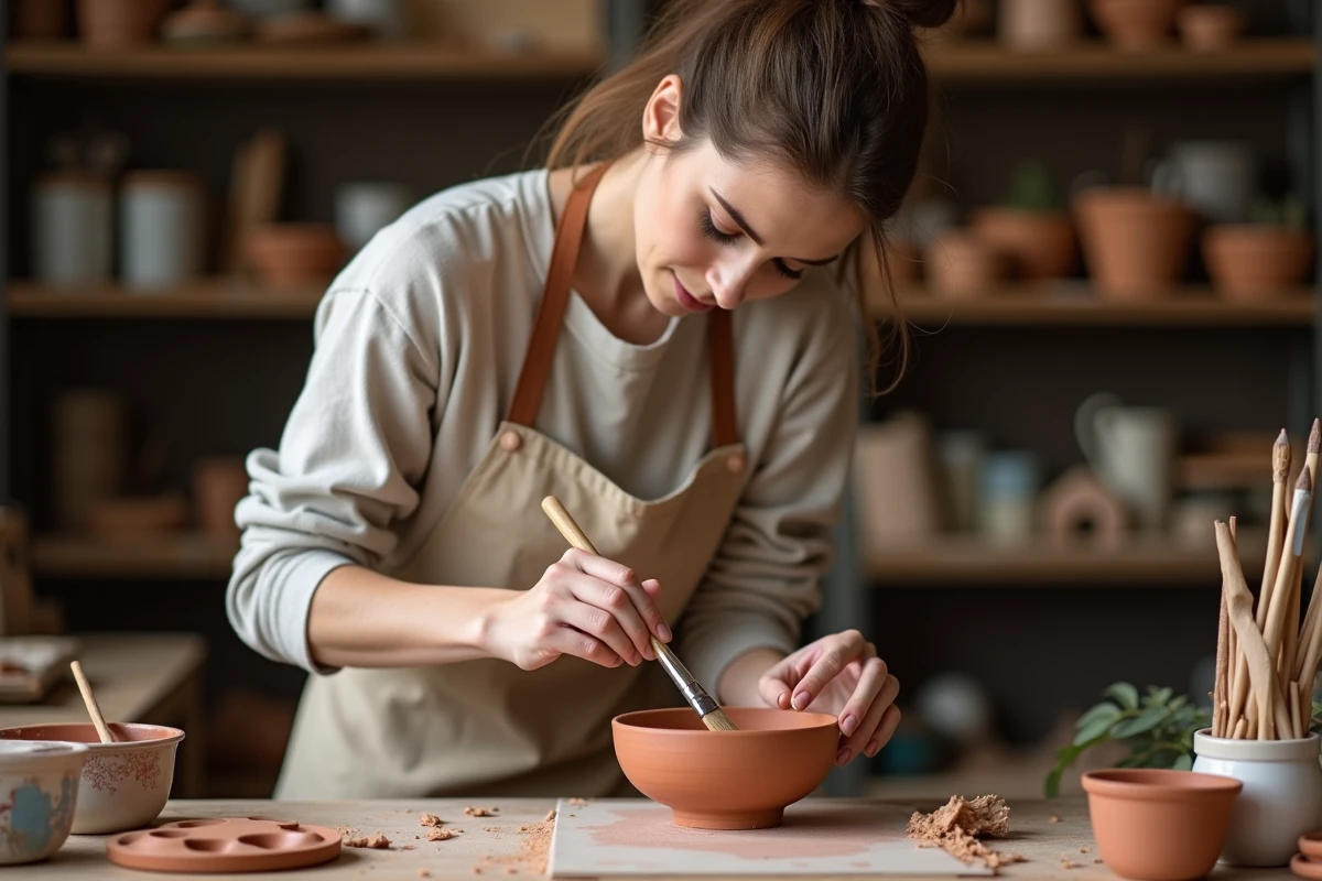 Femme appliquant un vernis de protection sur un objet en argile autodurcissante avec un pinceau plat sur un établi d'atelier artisanal